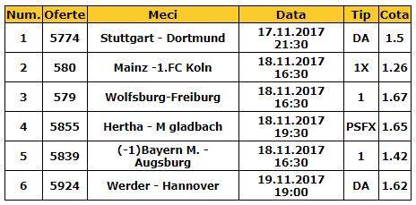 Bilet Germania 17-19.11.2017 | Cele mai interesante cinci meciuri din etapa a 12-a
