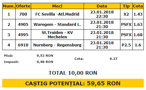 Bilet cota 5.00 23.01.2018 | Pariem pe derbiul Sevilla - Atletico, plus doua meciuri cu romani