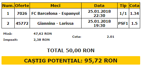 Biletul Zilei 25.01.2018 | Meci decisiv intre Barcelona si Espanyol in Cupa Spaniei