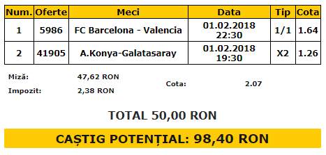 Biletul Zilei 01.02.2018 | Barcelona si Galatasaray te ajuta sa iti dublezi investitia