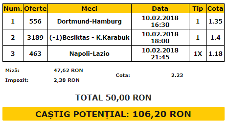 Bilet VIP 10.02.2018 | Cele mai tari confruntari de sambata, pe un singur bilet. Toata miza pe gazde!