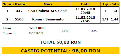 Bilet VIP 11.02.2018 | CSU Craiova si AS Roma, favorite clare in disputele de duminica
