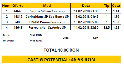 Bilet cota 5.00 14.02.2018 | Patru ponturi din campionate exotice