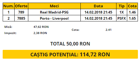 Biletul Zilei 14.02.2018 | Cmbinăm cele două meciuri ale zilei din UEFA Champions League