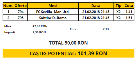 Biletul Zilei 21.02.2018 | O combinație pe care nu o poți rata în seara de Champions League
