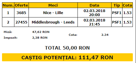 Bilet VIP 02.03.2018 | Două meciuri, același pronostic
