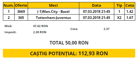 Bilet VIP 07.03.2018 | Un bilet combinat din UEFA Champions League