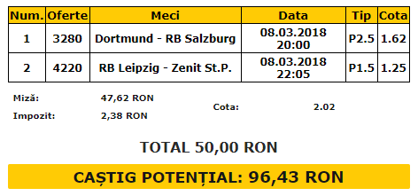 Bilet VIP 08.03.2018 | Pariem că nemții vor marca multe goluri în seara de UEL