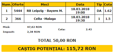 Bilet VIP 18.03.2018 | Iată o super-combinație din Germania și Spania!