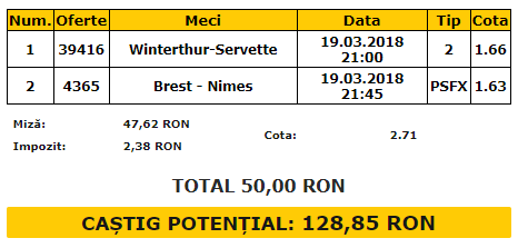 Bilet VIP 19.03.2018 | Pariem pe Elveția 2 și Franța 2