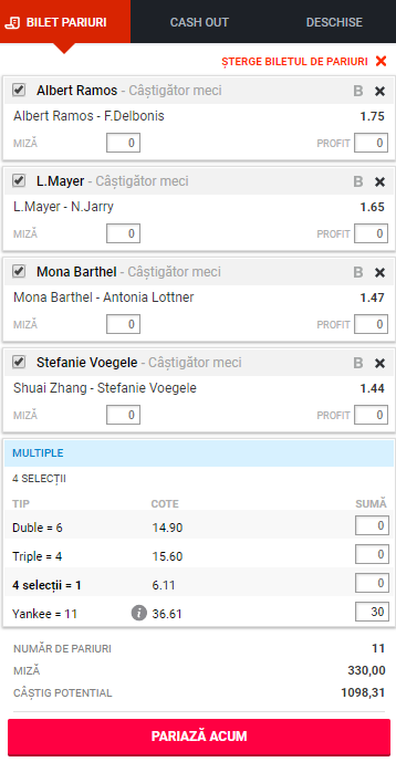 Primul bilet al lunii mai pe tenis propune 4 meciuri și o cotă 6,11
