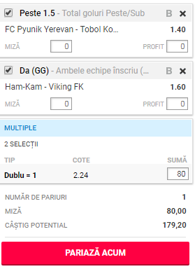 Bilet Zilei pe goluri, 31 iulie 2018. Cotă frumoasă din două meciuri