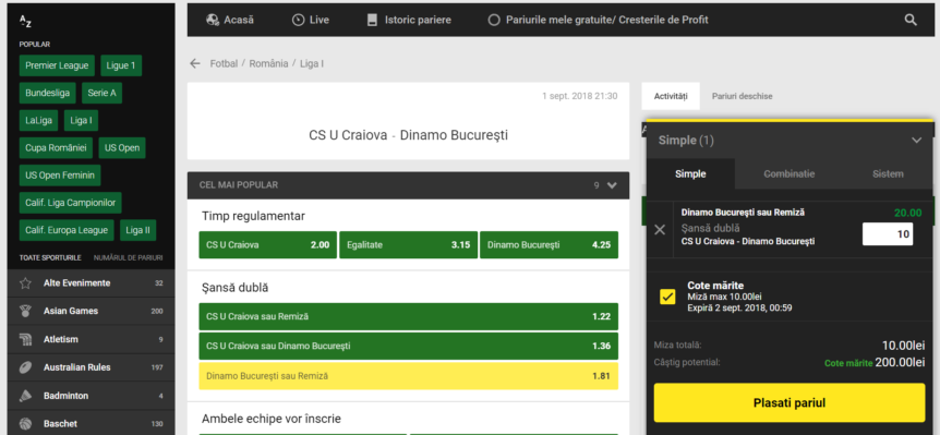 Cotă mărită (20,00 pentru X2) pentru derby-ul Craiova - Dinamo