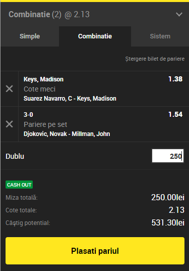Biletul Zilei Unibet 05.09.2018. Facem profit din tenis