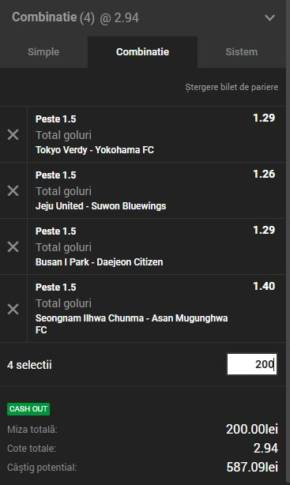 2 bilete pariuri pe goluri şi o cotă totală de 10,20. Pariem pe Asia
