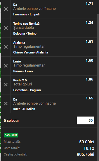 6 pronosticuri pentru fiecare meci de astăzi în Serie A şi o cotă de 18,12