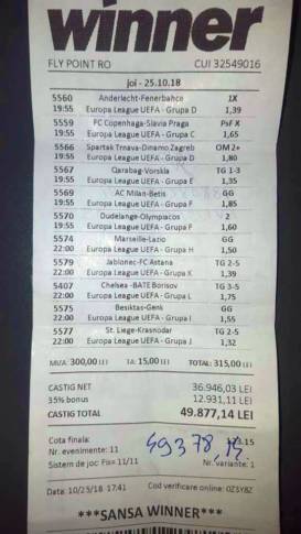 S-a răsturnat carul cu bani! :) Un parior din Caracal a luat 21.000 de euro cu două bilete pe Europa League
