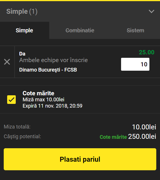 Bani pe jos la Dinamo - FCSB. Cotă 25,00 pentru GG. Inițial era 1,76!