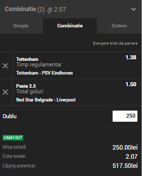 Biletul Zilei Unibet 06.11.2018. Două ponturi din Liga Campionilor şi-o cotă de 2,07