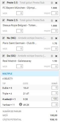 Biletul pe goluri de azi, 6 noiembrie, din Champions League. Cotă 9 din patru meciuri